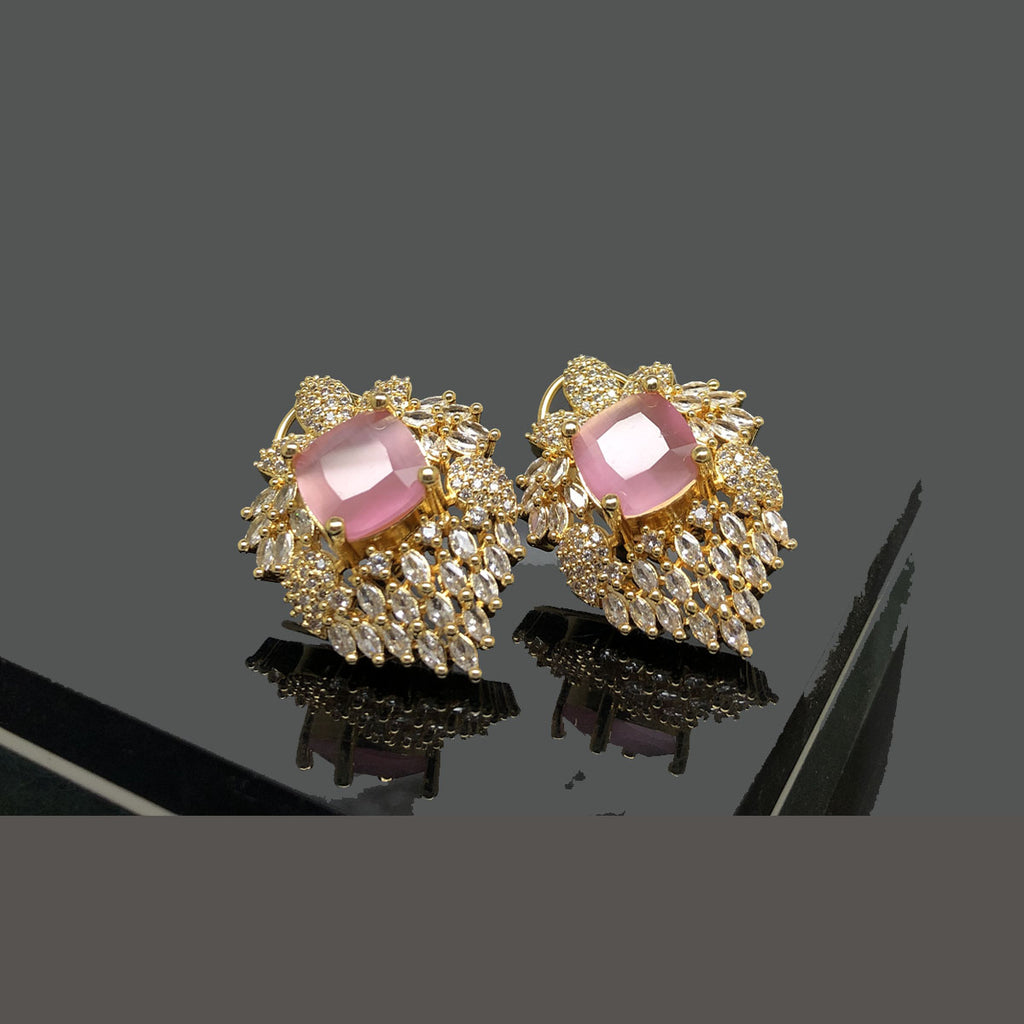 Elegant Gold Pink Stone Earrings with Crystal Detailing - Designer Jewelry