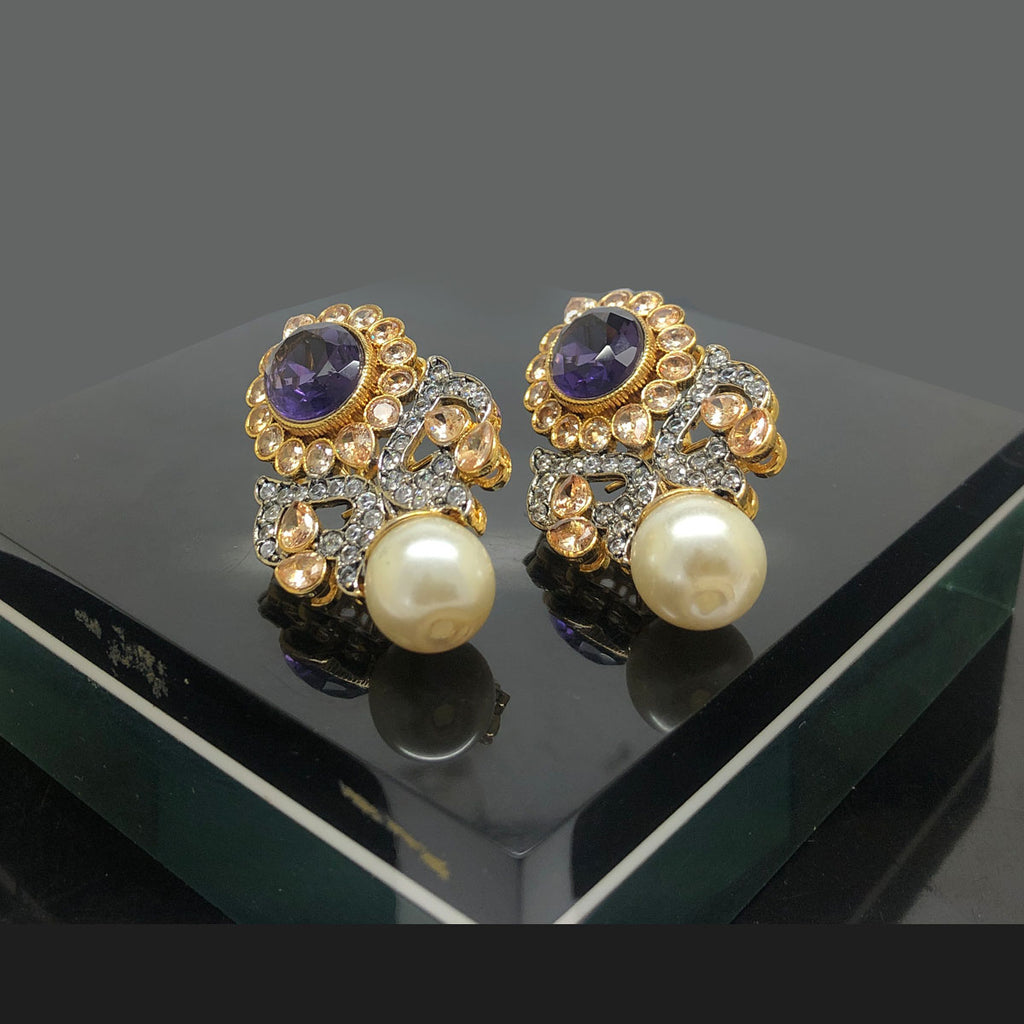 Gold Plated Pearl and Topaz Drop Earrings with Diamond Accents