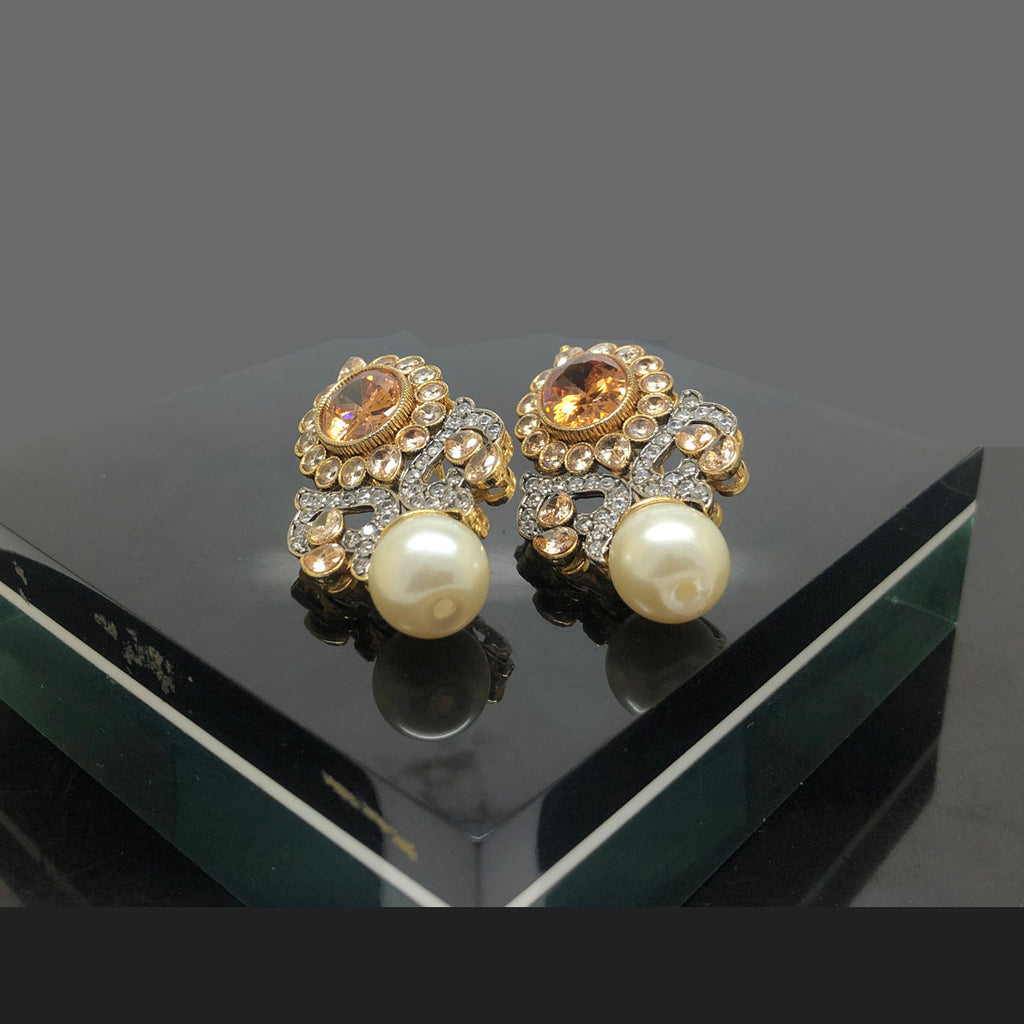 Gold Plated Pearl and Topaz Drop Earrings with Diamond Accents