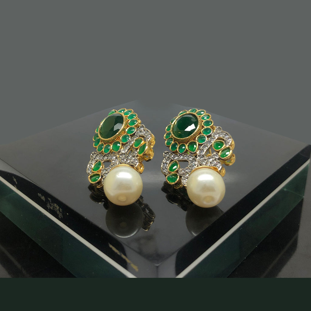 Gold Plated Pearl and Topaz Drop Earrings with Diamond Accents