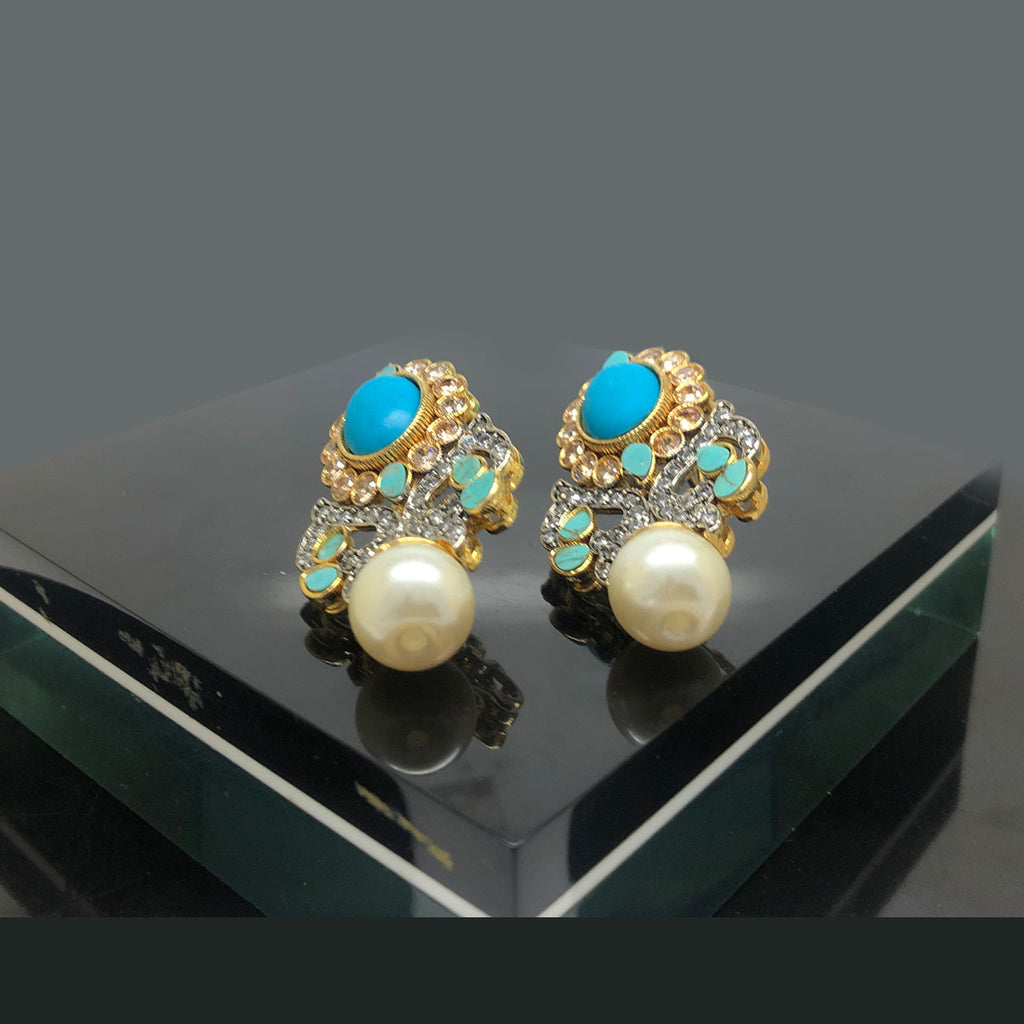 Gold Plated Pearl and Topaz Drop Earrings with Diamond Accents