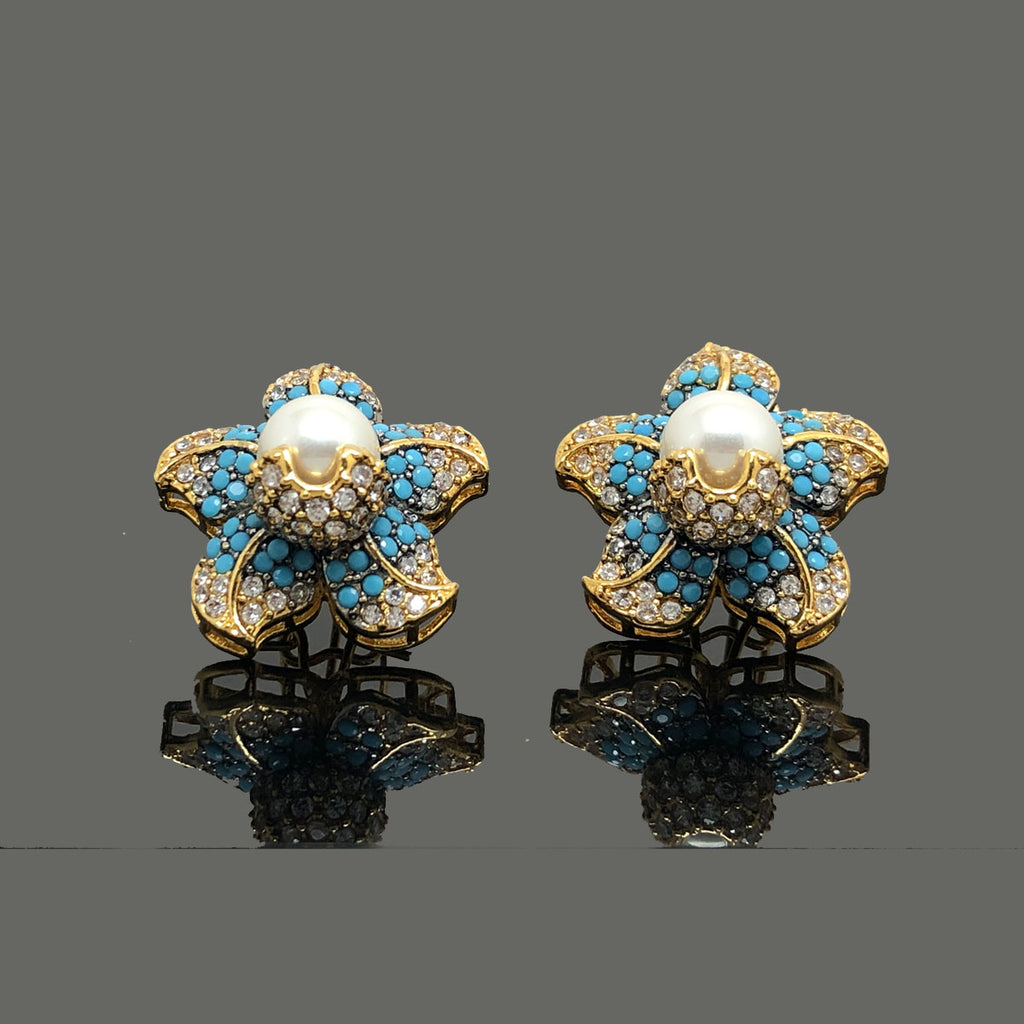 Vintage Floral Pearl Stud Earrings with Crystal Accents