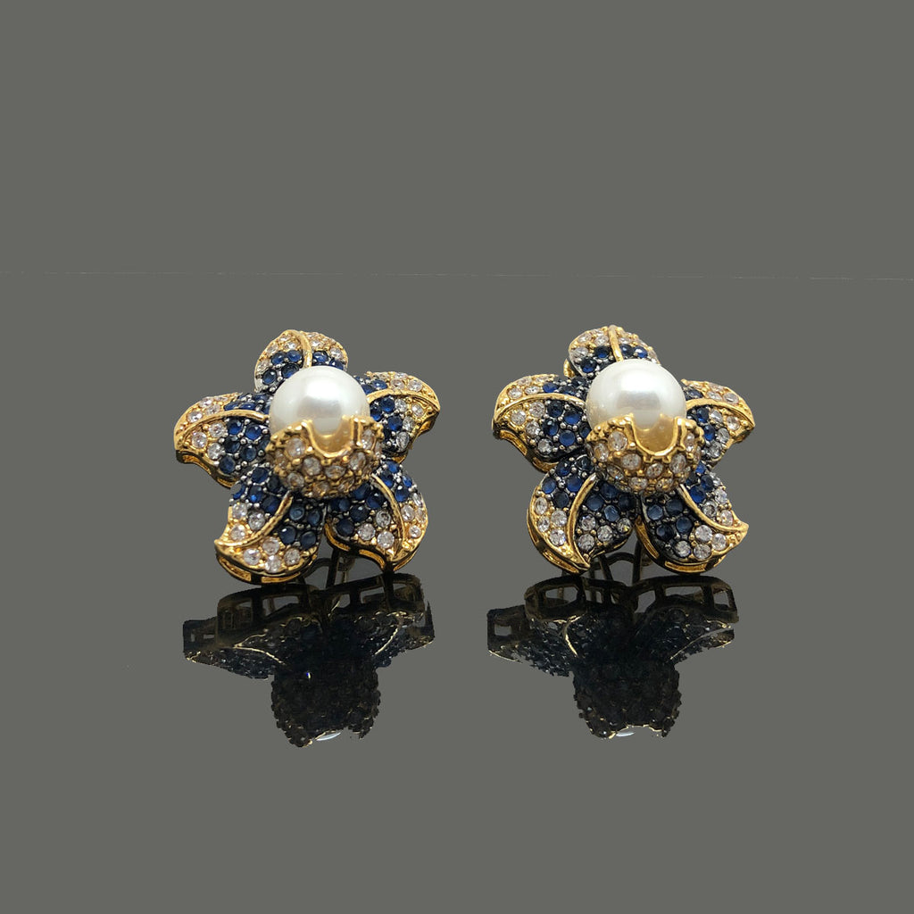 Vintage Floral Pearl Stud Earrings with Crystal Accents