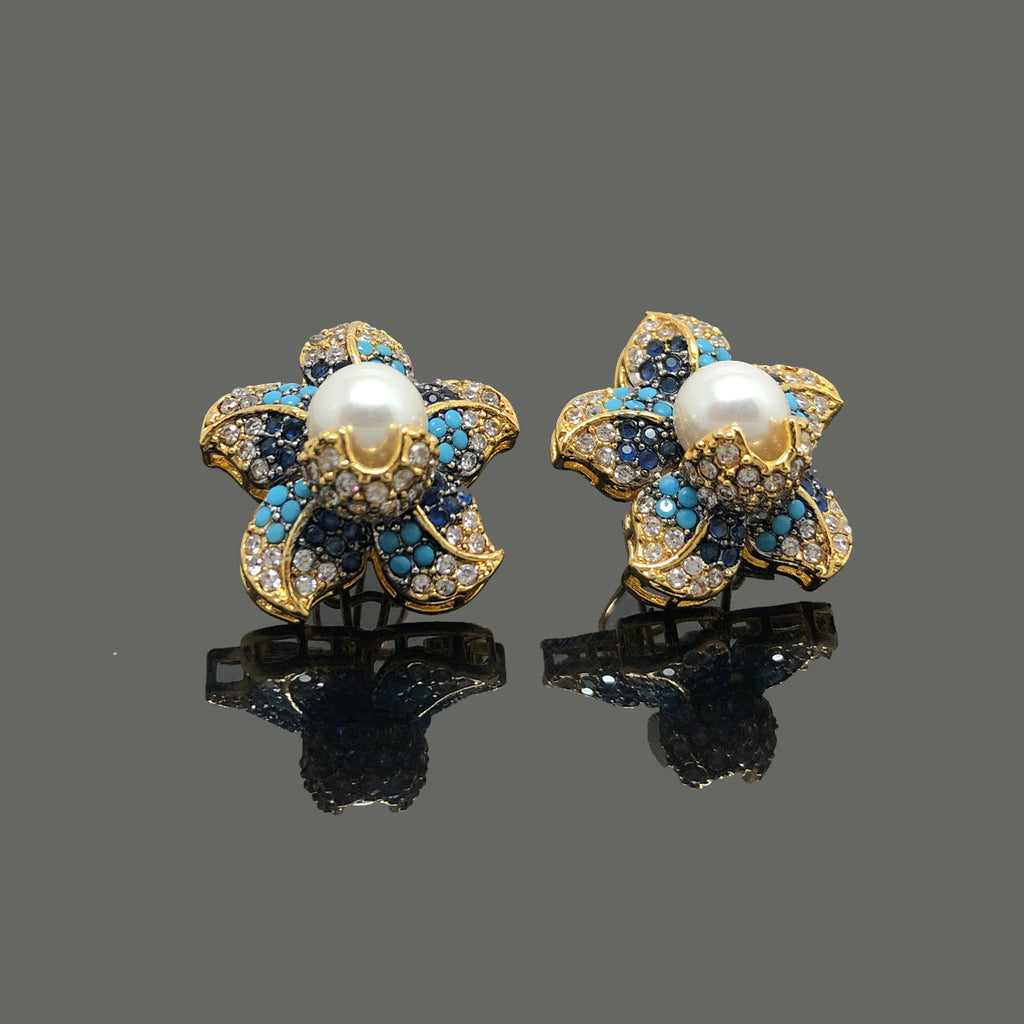 Vintage Floral Pearl Stud Earrings with Crystal Accents