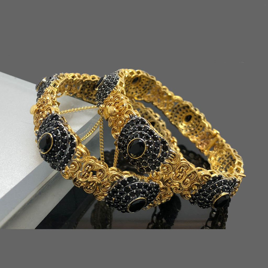 Gold Filigree Bangles with Black Crystal Accents and Center Stones