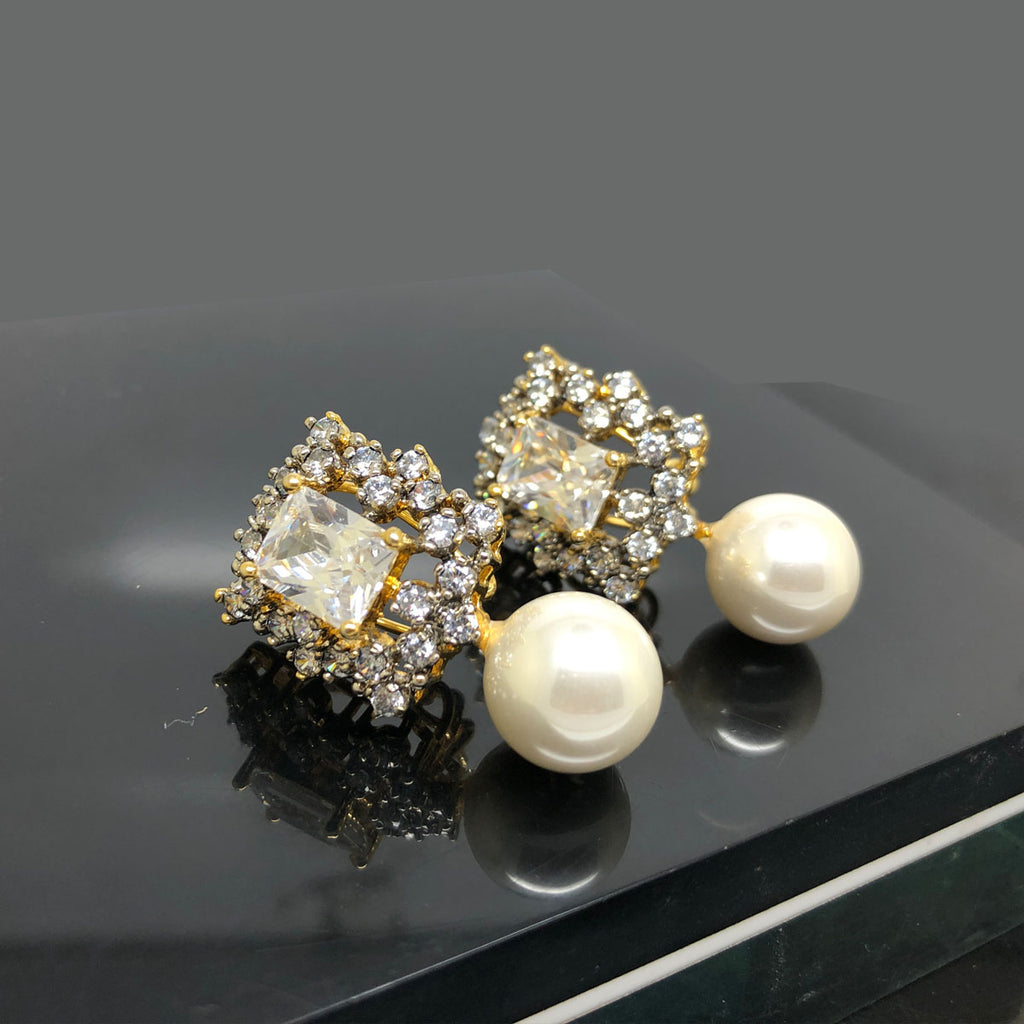 Classic Square Cut American Diamond Earrings with Pearl Drops