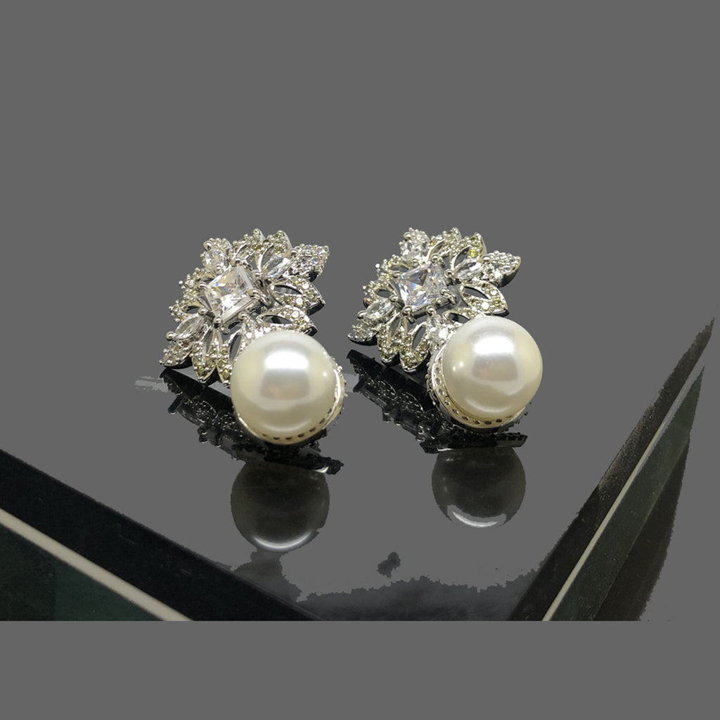 Luxury Pearl and Crystal Floral Stud Earrings - Rs 2050