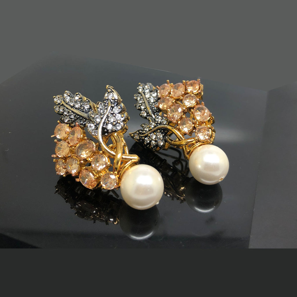 Golden Leaf Pearl Drop Earrings